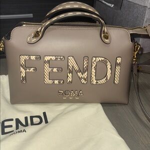 Fendi Taupe Leather Top-Handle Bag with Snakeskin Logo